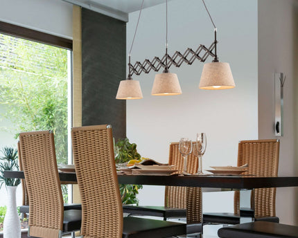 Shear hanger lamp "Adrienne", breedte uit te strekken van 52-100 cm, gemaakt van bruin metaal met natuurlijk gekleurde textiel parasols, E27-versies, verlichting voor woonkamer, eetkamer of kantoor