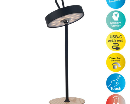 LED -batterijtafellamp magnetisch voor buiten en binnen, gemaakt van metaal en plastic in zwart, 36 cm hoog