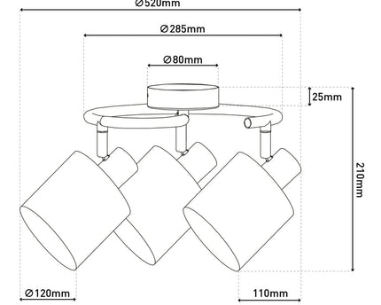 3-zits muur en plafond Rondel "Maron" gemaakt van metalen-satine-meter met stof paraplu's in de natuur, met E14-versie, lamp voor woonkamer, eetkamer, gang en kantoor, 28,5 cm diameter