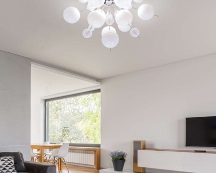 Plafondlamp "explosie" wit gemaakt van metaal en glas, G9 -versies, plafondlamp voor eetkamer, woonkamer, gang of kantoor, Ø57 cm