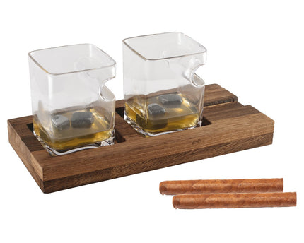 Duo whisky twee glazen houten steun 4 ijsblokjes keramiek