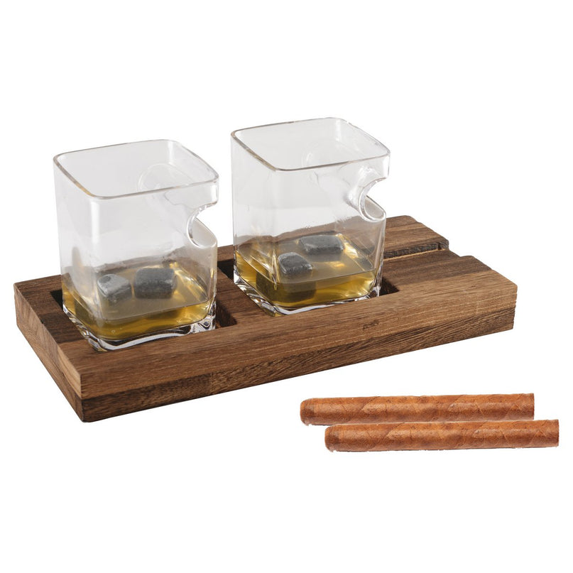 Duo whisky twee glazen houten steun 4 ijsblokjes keramiek