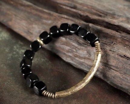 Zwarte obsidiaan blokken armband met bronzen armband