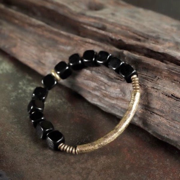 Zwarte obsidiaan blokken armband met bronzen armband