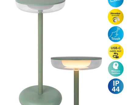 Noteloze tabletlamp "PASI" voor buiten en binnen, gemaakt van metaal en plastic in mint, dimbaar, met aanraking en geheugenfunctie, ca. 26 cm hoog