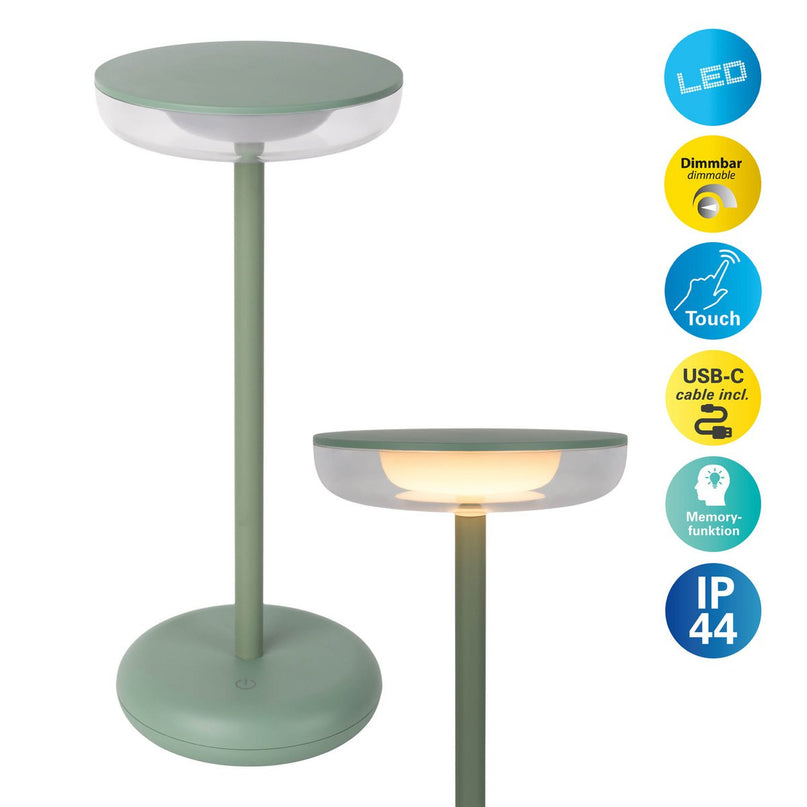 Noteloze tabletlamp "PASI" voor buiten en binnen, gemaakt van metaal en plastic in mint, dimbaar, met aanraking en geheugenfunctie, ca. 26 cm hoog