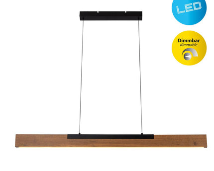 LED hanglamp "Wilma" gemaakt van metaal en hout (MDF) in zwart en bruin, ca. 122.2 cm lang, ca. 150 cm hoog, in hoogte verstelbaar, met geïntegreerde lamp, dimbaar, met geheugeneffect