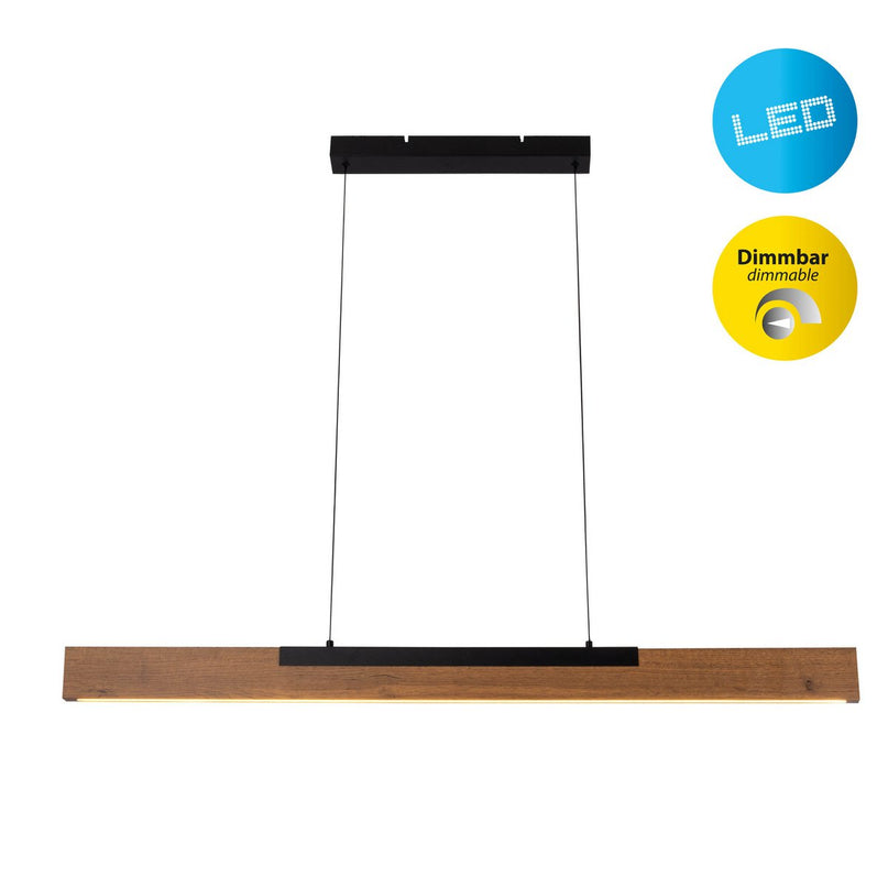 LED hanglamp "Wilma" gemaakt van metaal en hout (MDF) in zwart en bruin, ca. 122.2 cm lang, ca. 150 cm hoog, in hoogte verstelbaar, met geïntegreerde lamp, dimbaar, met geheugeneffect