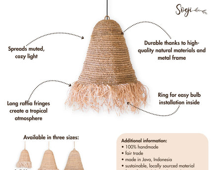 Raffia Boho Lampenkap – Hanglamp – Hanglamp – Handgeweven Plafondlamp met Lange Franjes (3 maten Ø 30/40/50 cm) KALIMA
