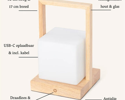 Noah lichtbruine houten oplaadbare tafellamp met glas en houten handgreep