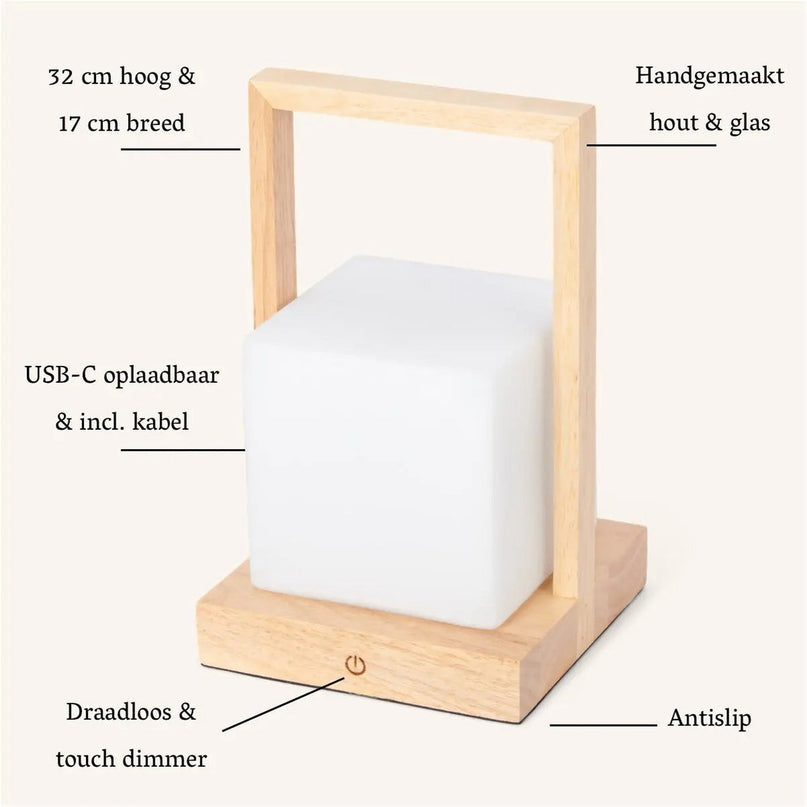 Noah lichtbruine houten oplaadbare tafellamp met glas en houten handgreep