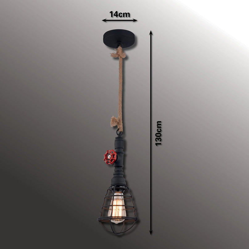 Hanger lamp "regia", black metal, henneptouw, E27 -versie, verlichting voor woonkamer, jeugdruimte of kantoor