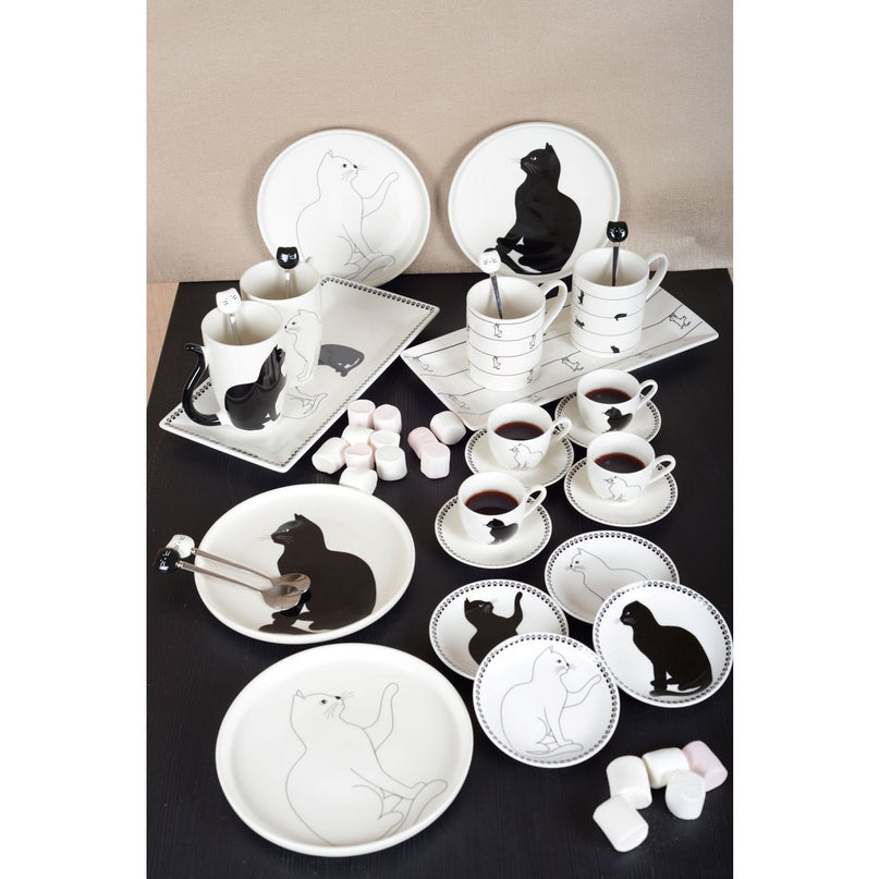 ZWART-WITTE KATTENBEKER MET STAARTVORMIG HANDVAT - SET VAN 2