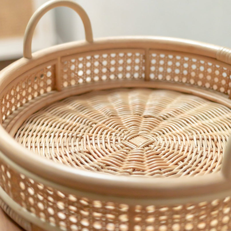 Rotan Dienblad | Rond Dienblad NEIRA Handgemaakt Beige Decoratief Dienblad Ø40 cm