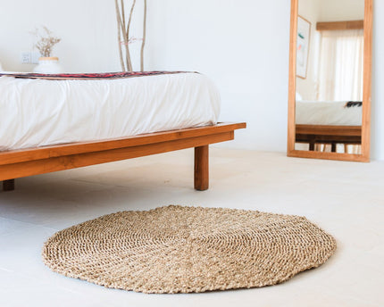 Zeegrasvloerkleed rond 100/120 cm – vloerkleed in bohostijl – rond vloerkleed naturel – handgeweven beige natuurvloerkleed (2 maten) LOKA