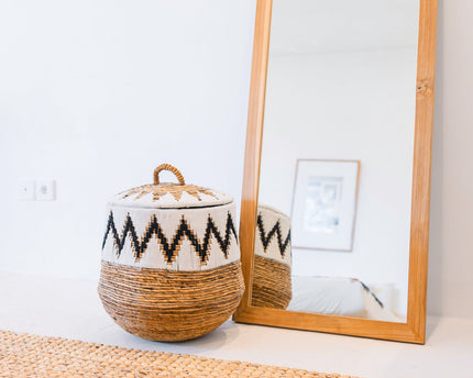 Wasmand met deksel – Boho Wasmand Rond – Grote Boho Mand – Geweven Mand met Katoenpatroon PALEM (3 maten Ø33/43/55cm)