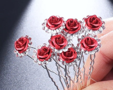 Romantische Red Rose Bruidshaarspelden-Een set van 8