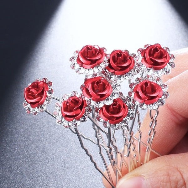 Romantische Red Rose Bruidshaarspelden-Een set van 8