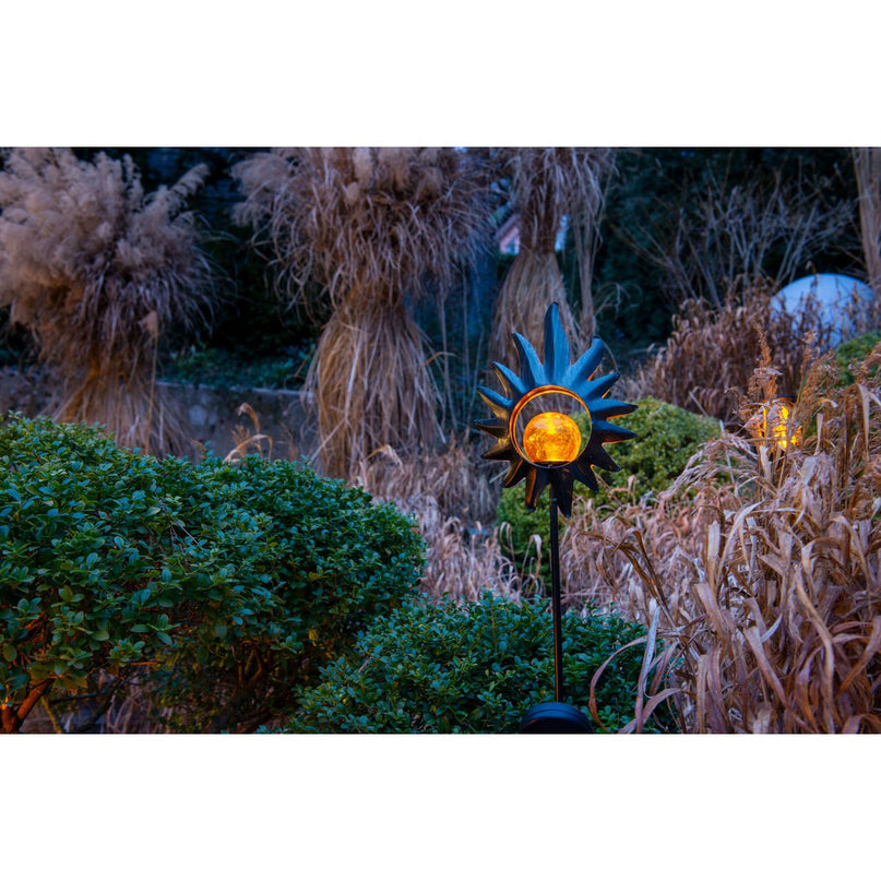 LED Solar Skeer "Sun" 93,5 cm, voor buiten, metaal en glazen aarde spies in het zwart, met geïntegreerde LED