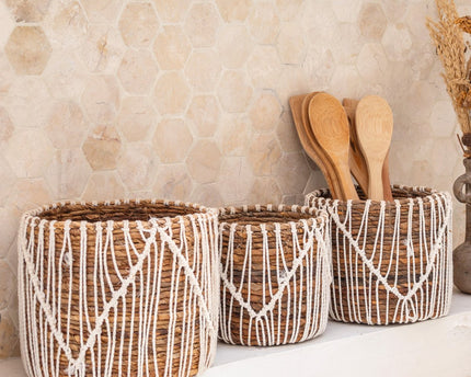 Kleine Zeegrasmand ORIS | Ronde bloemenmand | Geweven Boho-mand | Plantenmand | Plantenbak | Macramé mand