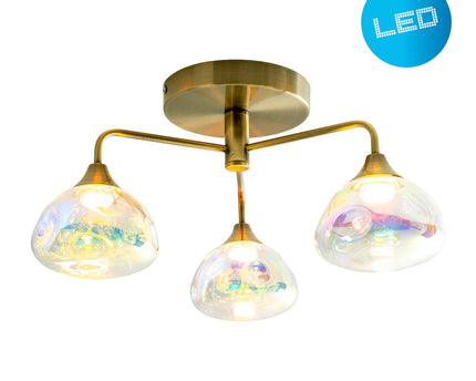LED-plafondlamp 3-flame "varna", plafondlamp gemaakt van messing gekleurd metaal en irisglas, met stevig ingebouwde LED's, een diameter van 42 cm, stijlvolle verlichting voor woonkamer, eetkamer of gang