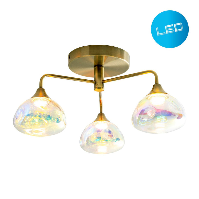 LED-plafondlamp 3-flame "varna", plafondlamp gemaakt van messing gekleurd metaal en irisglas, met stevig ingebouwde LED's, een diameter van 42 cm, stijlvolle verlichting voor woonkamer, eetkamer of gang