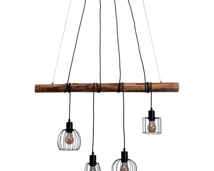 4 hanglamp "Woodland", hanglamp, metaal en hout in zwart en natuurlijke E27 -aansluiting, voor eetkamer, woonkamer, gang of kantoor, 100 cm lang