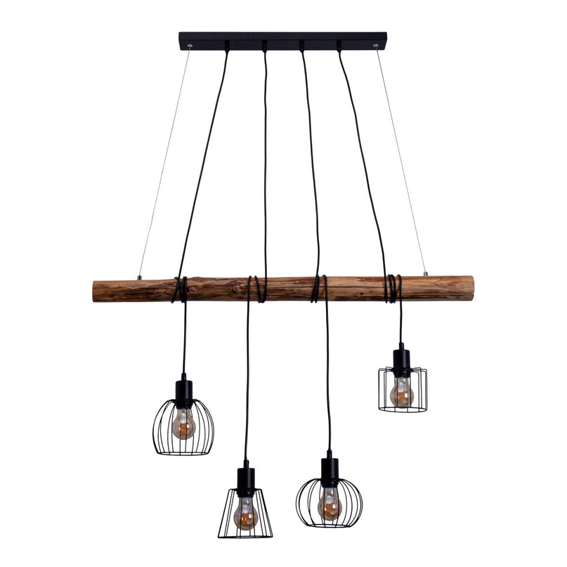 4 hanglamp "Woodland", hanglamp, metaal en hout in zwart en natuurlijke E27 -aansluiting, voor eetkamer, woonkamer, gang of kantoor, 100 cm lang