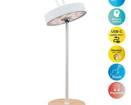 LED -batterijtafellamp magnetisch voor buiten en binnen, gemaakt van metaal en plastic in wit, 36 cm hoog