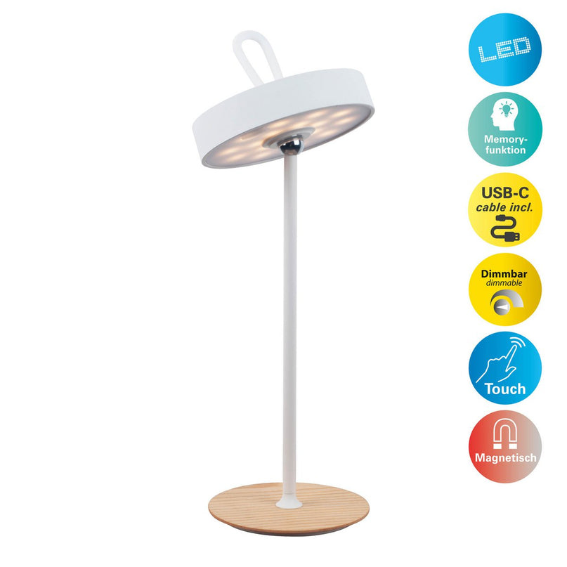LED -batterijtafellamp magnetisch voor buiten en binnen, gemaakt van metaal en plastic in wit, 36 cm hoog