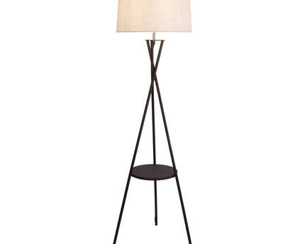 Staande lamp met geïntegreerde "tora" tafel gemaakt van roest -gekleurd metaal en natuurlijk gekleurd textielmateriaal, 158 cm hoog Ø 51 cm, e27