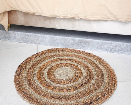 Vloerkleed 100/120 cm met strepen rond vloerkleed van plantaardige vezels, bananenvezel, zeegras en waterhyacint bruin beige tapijt POHON (2 maten)