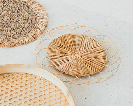Boho wanddecoratieset – rotan muurmanden – natuurlijke muurophanging – geweven wanddecoratie – handgemaakte set van 5 wandborden (Ø 15-45 cm) PENIDA