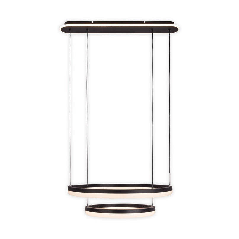LED CCT hanglamp "Circulo" gemaakt van zwart metaal en zandkleurig plastic, met geïntegreerde LED en vele functies, Ø 60 cm, 150 cm hoog.