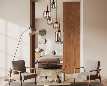 5 hanglamp "fumo", hanglamp gemaakt van metaal en glas in zwart, met E14 -aansluiting, voor eetkamer, woonkamer, gang of kantoor, hangende lamp Ø ca.