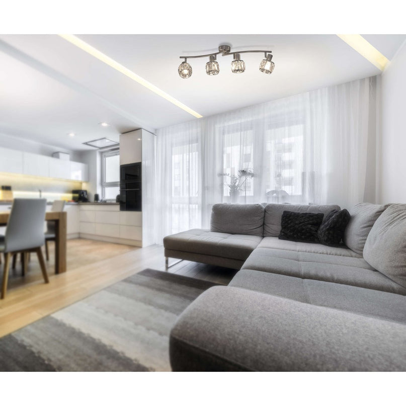 4-geleide plek "Josefa" met E14-versie Filament, metalen plafondlamp en glas in roestvrijstalen look, met E14-versie Filamentlampen inbegrepen, lamp voor woonkamer, eetkamer, gang of gang 70 x 8 cm