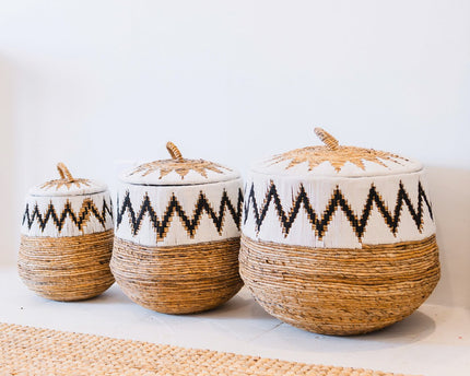 Wasmand met deksel – Boho Wasmand Rond – Grote Boho Mand – Geweven Mand met Katoenpatroon PALEM (3 maten Ø33/43/55cm)