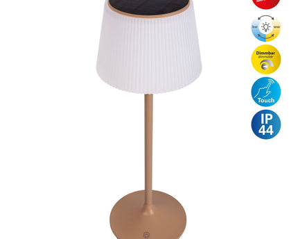 Zonne -batterijlamp "EMMI" 38 cm hoog, paraplu Ø 13 cm, metaal in amandel en wit plastic, voor de buitenruimte, dimable CCT.