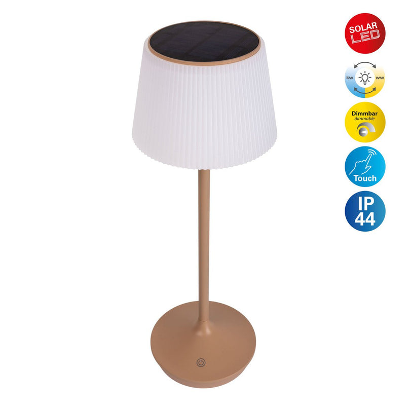 Zonne -batterijlamp "EMMI" 38 cm hoog, paraplu Ø 13 cm, metaal in amandel en wit plastic, voor de buitenruimte, dimable CCT.