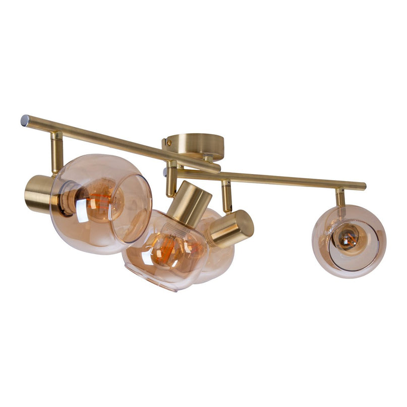 4er spot/plafondlamp "libby", klassieke plafondlamp gemaakt van messing gekleurd metaal en getinte glas in barnsteen, met E14-aansluiting, voor eetkamer, woonkamer, gang of kantoor, 80 cm lang