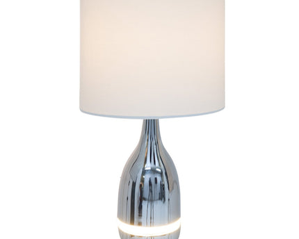De "Cosima" LED -tafellamp is 43,5 cm hoog, paraplu Ø 25 cm, gemaakt van metaal, plastic, textielmateriaal in de kleuren chroom en wit. Beide geïntegreerde LED's in de Light Foot en E14 -versie