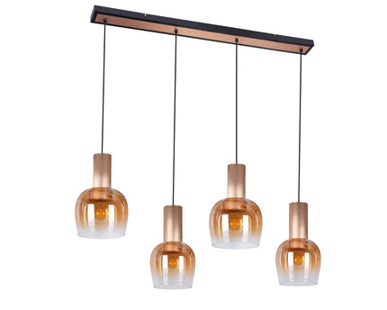 4-be hanger lamp "funda", retro hanger lamp gemaakt van amber-gekleurd glas en mat geborsteld, messing gekleurd metaal, met E27 verticals, 111 cm lang, 150 hoog, ideaal voor eetkamer, woonkamer en keuken.