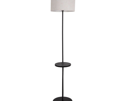 Staande lamp met geïntegreerde "tordis" -tafel gemaakt van zwart metaal en natuurlijk wit textielmateriaal, 157 cm hoog, E27