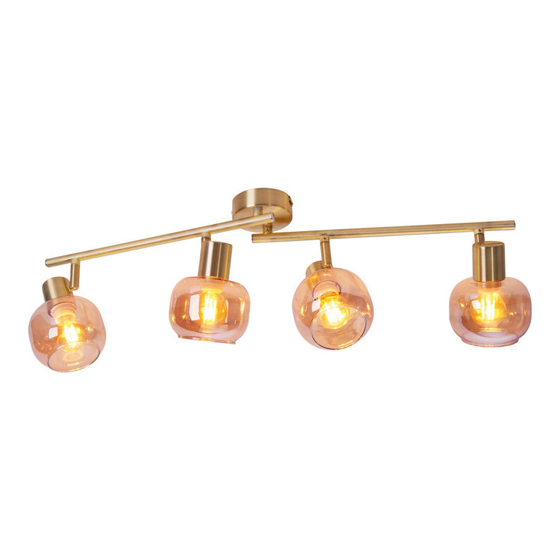 4er spot/plafondlamp "libby", klassieke plafondlamp gemaakt van messing gekleurd metaal en getinte glas in barnsteen, met E14-aansluiting, voor eetkamer, woonkamer, gang of kantoor, 80 cm lang