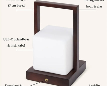 Noah donkerbruine houten oplaadbare tafellamp met glas en houten handgreep