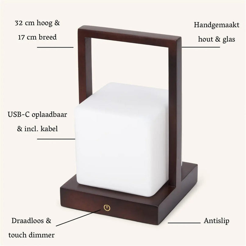 Noah donkerbruine houten oplaadbare tafellamp met glas en houten handgreep
