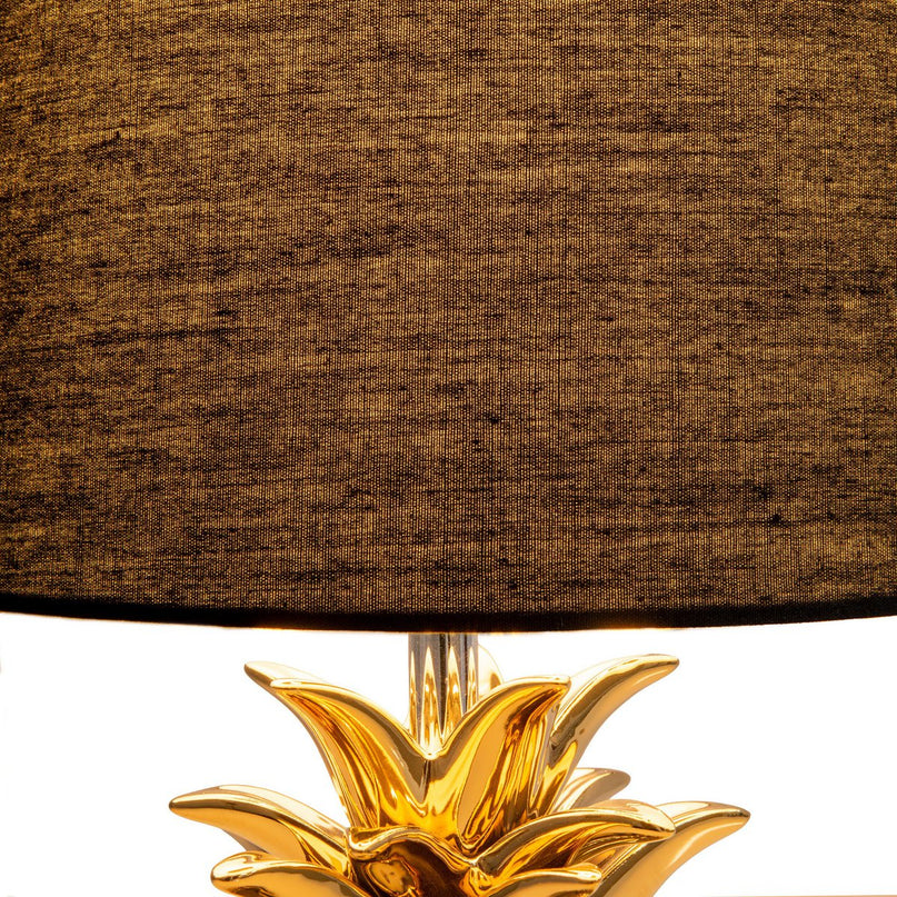 Keramische tafellamp "ananas", tafellamp gemaakt van keramiek met goudkleurig glazuur en zwart stofscherm, met E14-aansluiting, voor eetkamer, woonkamer, gang of kantoor, tafellamp 45 cm hoog