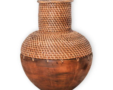 Rotan vaas – houten vaas – vaas voor gedroogde bloemen – kleine rotan vaas – Boho decor vaas gemaakt van geweven rotan en hout (Ø 22 cm) KAMARI bruin