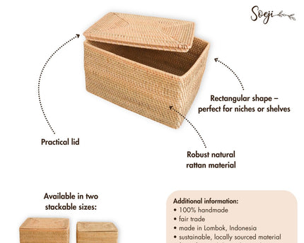 Opbergmand met deksel – Plankmand gemaakt van beige rotan – Handgeweven decoratieve mand GRAHA (2 maten)