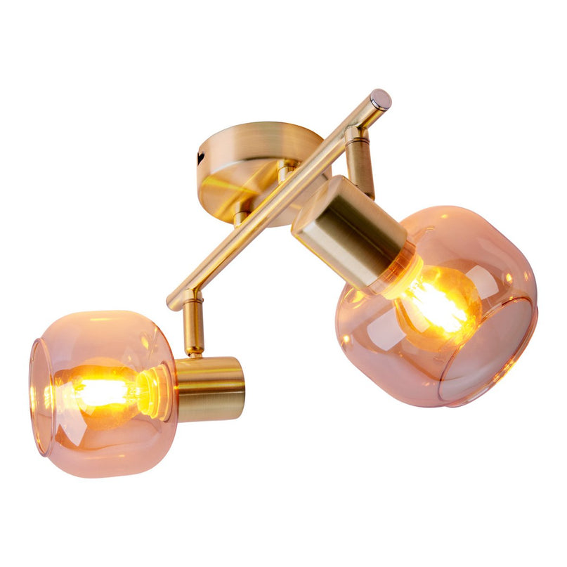 2er spot/plafondlamp "libby", klassieke plafondlamp gemaakt van messing gekleurd metaal en getinte glas in barnsteen, met E14-aansluiting, voor eetkamer, woonkamer, gang of kantoor, 40 cm lang